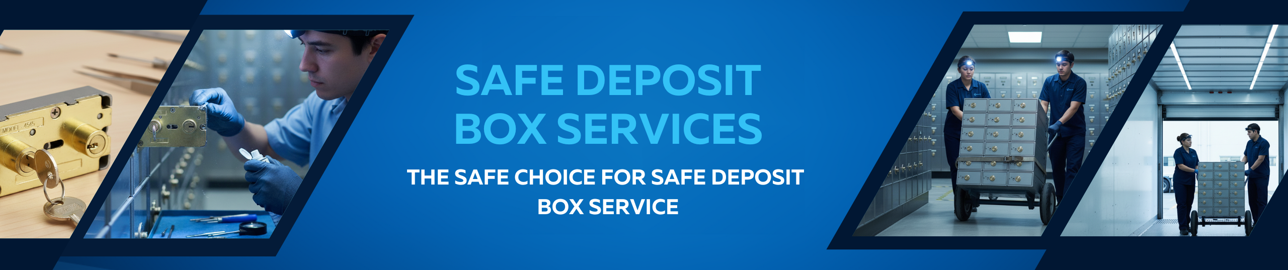 American Safe banner for "Safe Deposit Box Services" with images of lock mechanisms, a locksmith repairing a safe, and professionals transporting safe deposit box units.