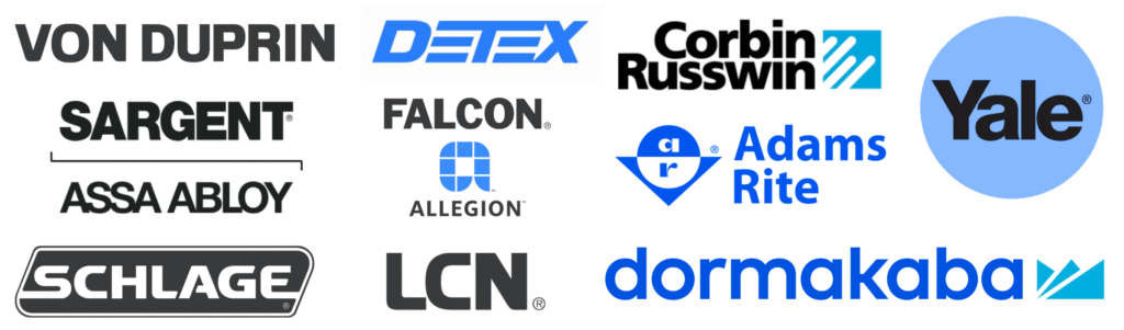 Logos of leading lock and security hardware manufacturers: Von Duprin, Detex, Corbin Russwin, Yale, Sargent, Falcon, Allegion, Adams Rite, Schlage, LCN, and dormakaba, displayed on a white background.
