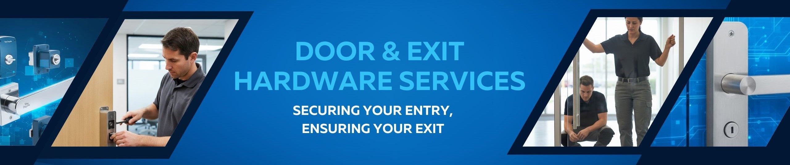 American Safe banner for "Door & Exit Hardware Services," showing various door components, a locksmith installing hardware, and a modern door handle with digital background.