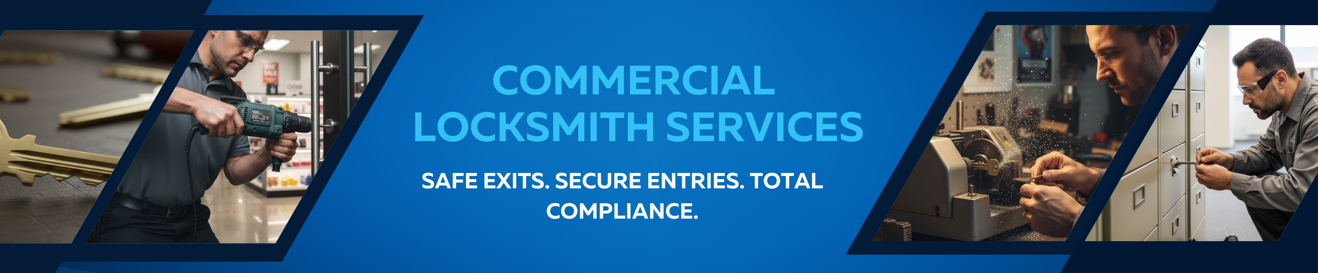 American Safe banner for "COMMERCIAL LOCKSMITH SERVICES," showing a key blank, a locksmith drilling, a locksmith cutting keys, and a locksmith working on a safe deposit box. Tagline: "Safe Exits. Secure Entries. Total Compliance."