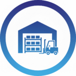 Circular icon with a blue gradient showing a warehouse building with shelves of boxes and a forklift inside, symbolizing storage, logistics, or industrial operations.