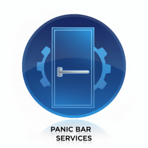 Circular icon with a blue gradient showing a door with a panic bar and a gear in the background, with text "PANIC BAR SERVICES" below it.