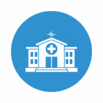 Circular blue icon showing a white hospital building with a cross symbol and an EKG heartbeat line, symbolizing healthcare or medical facilities.