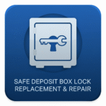 Icon for "SAFE DEPOSIT BOX LOCK REPLACEMENT & REPAIR," showing a safe with a key and wrench graphic over its keyhole.