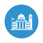 Circular blue icon showing a white classical building with a dome, columns, a clock tower, and a flag pole, symbolizing civic or municipal services.