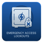 Icon representing "EMERGENCY ACCESS LOCKOUTS" with a secure safe showing a lightning bolt, and a padlock with an 'X' symbol.
