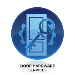 Circular icon with a blue gradient showing a door, a large key, and a gear, with text "DOOR HARDWARE SERVICES" below it.