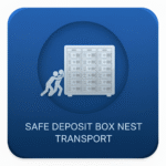 Icon for "SAFE DEPOSIT BOX NEST TRANSPORT," showing two stick figures pushing a large bank of safe deposit boxes.