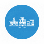 Circular blue icon showing a white cityscape with a clock tower, multi-story buildings, a pool, and smaller commercial buildings, symbolizing campus, mixed-use, or urban development.