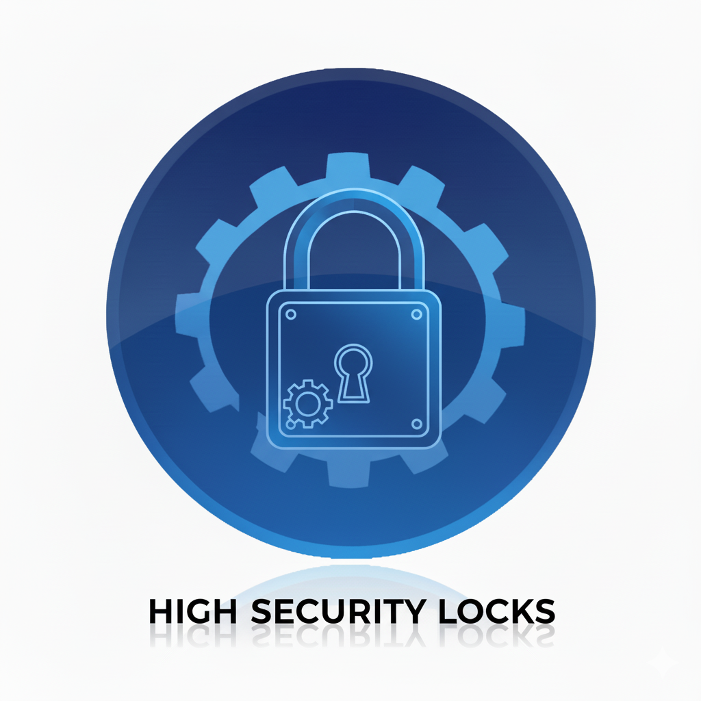 Circular icon with a blue gradient showing a padlock with a gear emblem and a large gear in the background, with text "HIGH SECURITY LOCKS" below it.