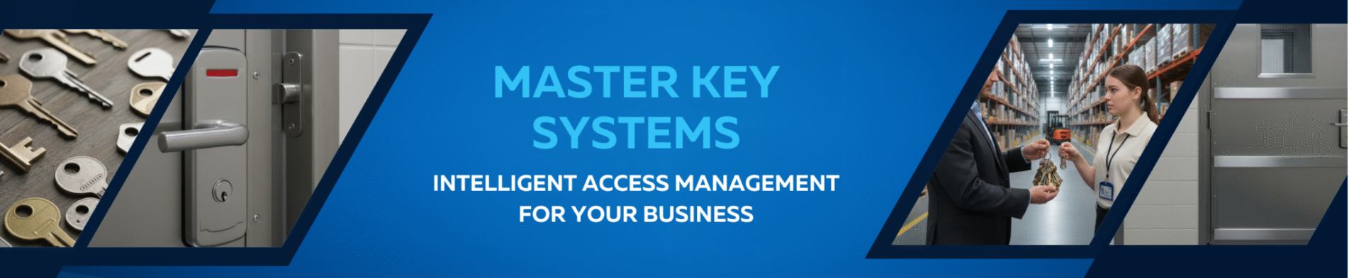 Banner for "Master Key Systems" showing a pile of keys, a modern door with a card reader, a person handing keys to another, and a commercial door. Tagline: "Intelligent Access Management for Your Business."