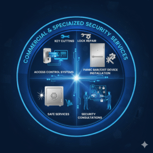 Circular infographic detailing "COMMERCIAL & SPECIALIZED SECURITY SERVICES": Access Control Systems, Panic Bar/Exit Device Installation, Safe Services, and Security Consultations, each with relevant icons.