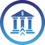 Circular icon with a blue gradient showing a bank building with a dollar sign on its roof and two upward-pointing arrows at its base, symbolizing financial growth or increased value.