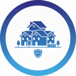Circular icon with a blue gradient showing a cluster of houses with trees and a fence, and a shield icon below them, symbolizing residential security or community protection.