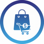 Circular icon with a blue gradient showing a shopping bag and a shopping cart with a dollar sign, symbolizing retail, e-commerce, or commercial shopping services.