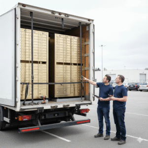 Two locksmiths in blue shirts inspecting securely loaded golden safe deposit box units strapped into the back of a moving truck, preparing for transport.