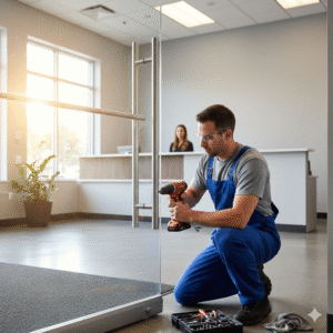 A locksmith in blue overalls and safety glasses using a drill to work on the hardware of a commercial glass entrance door, with a reception area in the background.