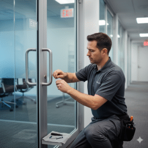 A focused male locksmith in a grey uniform carefully working on the lock of a modern commercial glass door, with tools laid out beside him.