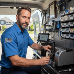 A focused male locksmith with a beard, wearing a blue shirt with an American flag patch, operating a key cutting machine inside a well-organized mobile service van. Tools and key blanks are visible on a pegboard.