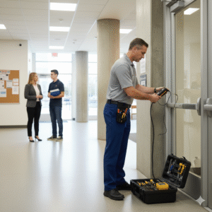 A locksmith technician in a grey polo and blue pants using a multimeter to test a commercial door's access system, with a toolbox open beside him. Two people are talking in the background.