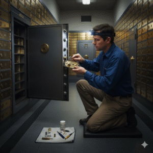A locksmith with a headlamp and blue shirt kneels in a vault, meticulously repairing the lock mechanism of an open safe, with tools and components laid out.