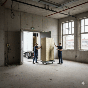 Two locksmiths carefully moving a large golden safe deposit box unit on a dolly from a truck into an empty, unfinished commercial building, through a doorway.