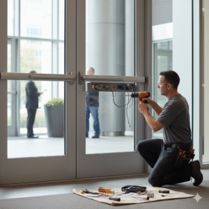 A locksmith in safety glasses using a power drill to install or repair an access control system on a commercial glass door, with tools laid out on the floor.
