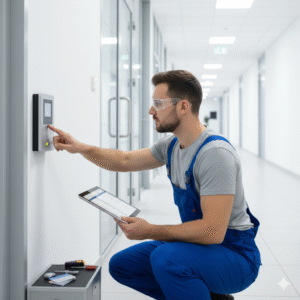 A locksmith technician in blue overalls and safety glasses testing or programming an access control keypad while holding a tablet in a modern office hallway.