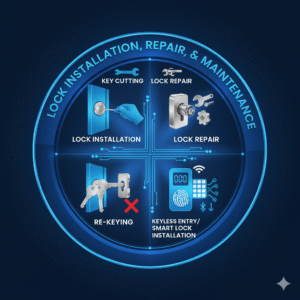 Circular infographic illustrating "LOCK INSTALLATION, REPAIR, & MAINTENANCE" services: Lock Installation, Lock Repair, Re-Keying, and Keyless Entry/Smart Lock Installation, with corresponding icons.