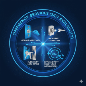 Circular infographic depicting 24/7 Emergency Locksmith Services: Lockout Assistance, Broken Key Extraction, Emergency Lock Repair, and Keyless Entry/Smart Lock Installation, with relevant icons.