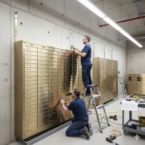 Two locksmiths installing rows of new golden safe deposit boxes against a concrete wall in a commercial vault, one on a ladder, the other kneeling. Tools are visible.