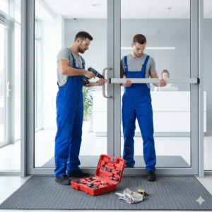 Two locksmiths in blue overalls and safety glasses installing a panic bar or exit device on a commercial glass door, with a red toolbox and tools on the floor.