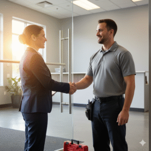 A smiling locksmith in uniform shaking hands with a smiling female business client in a suit in a modern office lobby, with a red toolbox nearby.