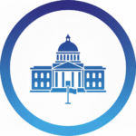 Circular icon with a blue gradient showing a classical government building with a dome and a flag pole, symbolizing public sector, government, or institutional security.