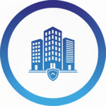 Circular icon with a blue gradient showing three tall office buildings and a shield icon below them, symbolizing commercial or corporate security.